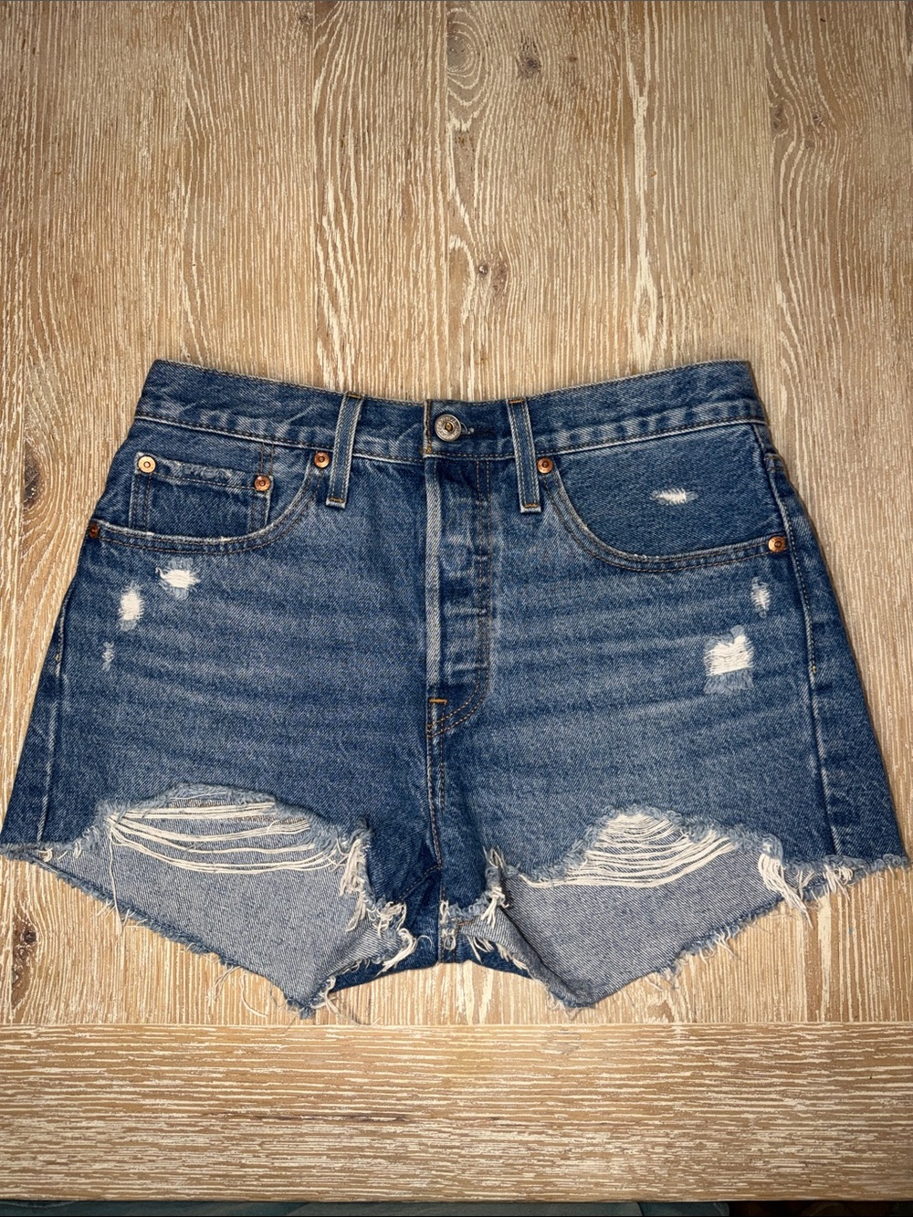 Levi's Blue Distressed High-Rise Denim Shorts